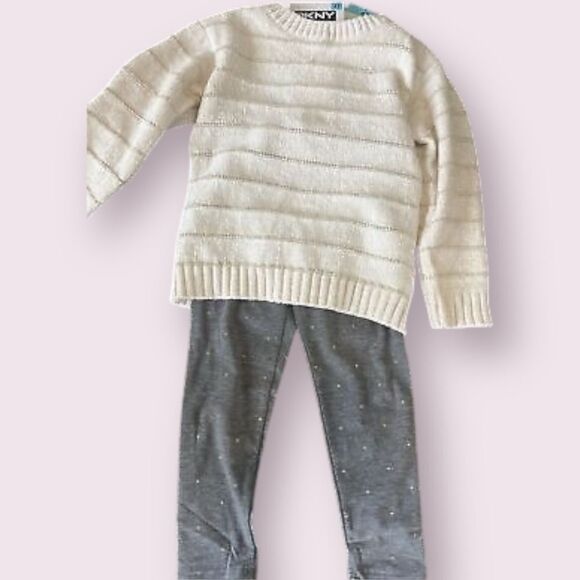 DKNY White Sweater and Gray Leggings Set ~ Gold Polka Dots and Gold Threads - Picture 10 of 12